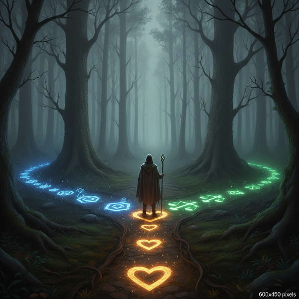 Et billede af en person ved et vejkryds i en tåget skov, hvor tre stier repræsenterer forskellige moralske tilgange: principfast, medfølende og pragmatisk.