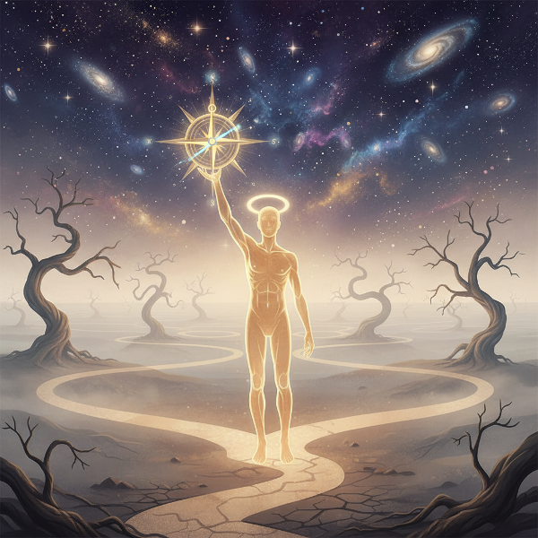 Et symbolsk billede af en person med et lysende kompas, der står ved et vejkryds med flere stier mod en stjerneklar himmel.