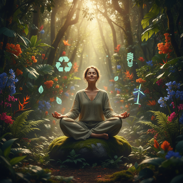 Et billede af en person i dyb forbindelse med naturen, omgivet af grønne planter og symboler på bæredygtighed, der viser balance mellem indre ro og miljøbevidsthed.