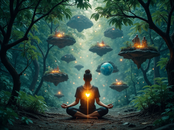 En person i meditation i en skov, hvor lysende rødder fra træer og jorden forbinder sig med personens hjerte, omgivet af svævende økosystemer som oceaner og bjerge, der symboliserer den psykologiske forbindelse til Jorden.