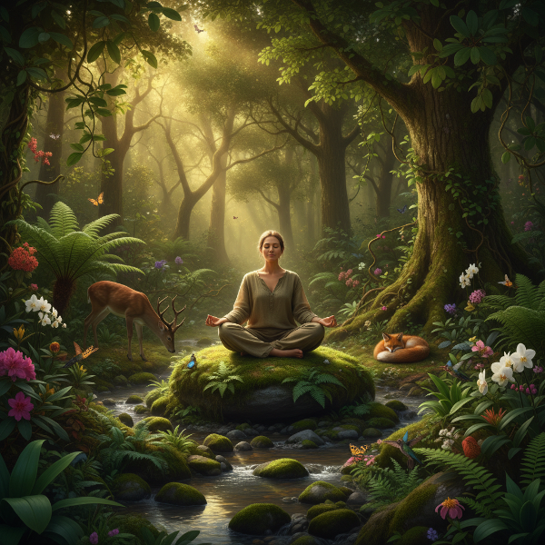 Et billede af en person i dyb forbindelse med naturen i en frodig skov, der symboliserer balancen mellem menneskelig trivsel og planetens sundhed.