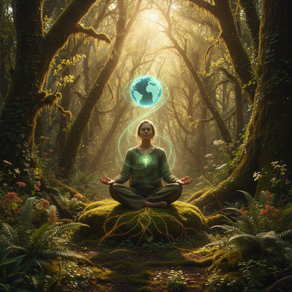 Et billede af en person, der mediterer i en frodig skov, med sollys der skinner gennem løvet, som symboliserer forbindelsen mellem menneskelig trivsel og planetens sundhed.