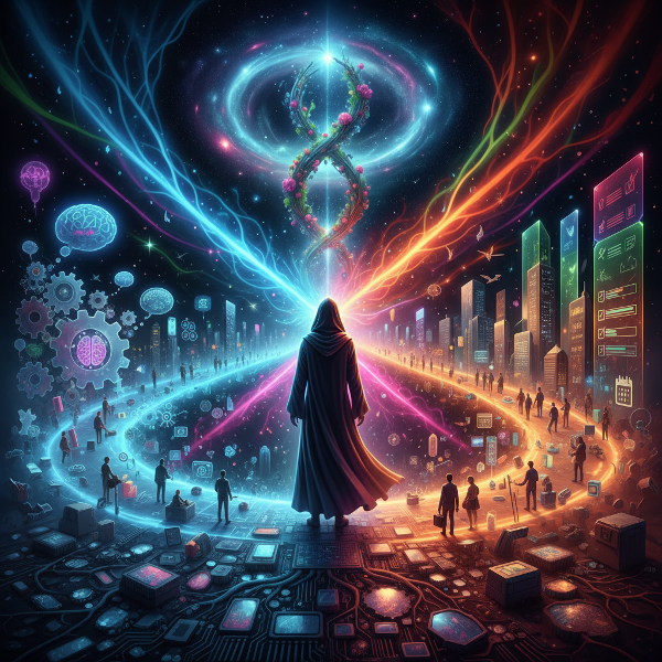 Et billede af en person ved et vejkryds af strålende energistier, der symboliserer interne og eksterne drivkræfter for produktivitet.