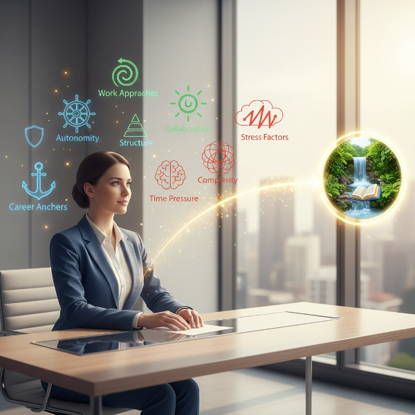 Et billede af en person i et moderne arbejdsmiljø, omgivet af symboler på karriereværdier og arbejdstilgang, der peger mod en bæredygtig karrierevej.