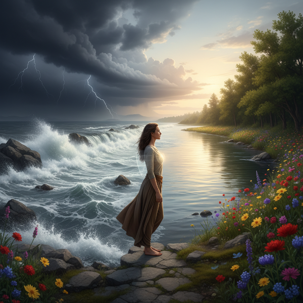 Et billede af en person, der står ved en flod, hvor to veje mødes. Den ene vej er urolig med stormfulde bølger, der symboliserer krise, mens den anden er rolig med blomstrende blomster, der repræsenterer vækst. Billedet viser psykologisk fleksibilitet og modstandsdygtighed.