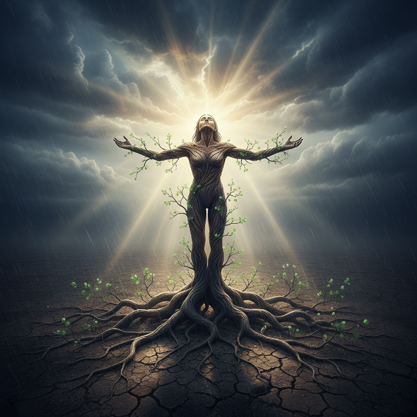 Et symbolsk billede af en person, der står stærkt i en storm, med rødder der vokser dybt ned i jorden og lys der bryder igennem mørke skyer, som repræsenterer modstandskraft og post-traumatisk vækst.