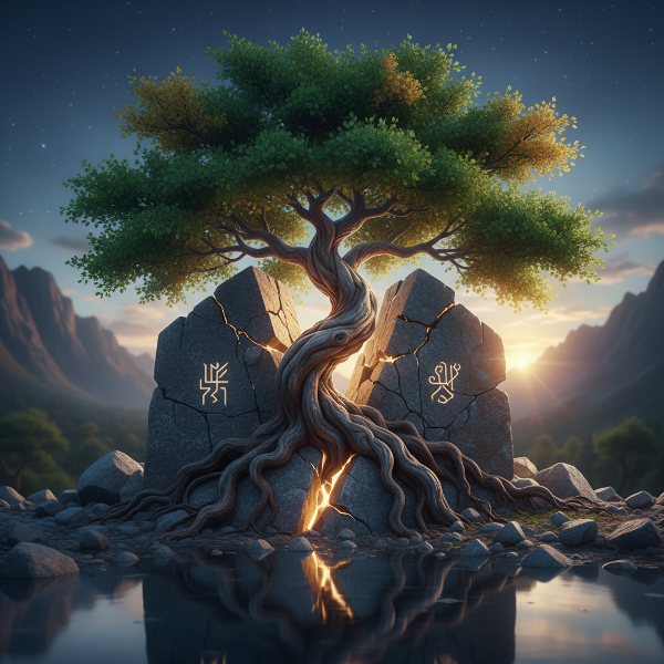 Et symbolsk billede af et modstandsdygtigt træ, der vokser gennem revnet sten, med dybe rødder og levende blade, der repræsenterer psykologisk styrke og vækst gennem modgang.