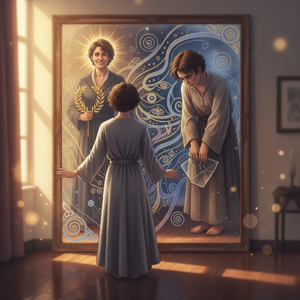 Et billede af en person, der betragter to modstridende refleksioner af sig selv i et spejl, omgivet af abstrakte symboler på selvværd og identitet.