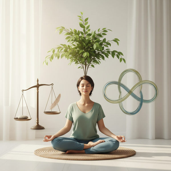 Et billede der symboliserer balance og harmoni mellem arbejde, sociale relationer, personlig udvikling og indre ro gennem fredfyldte elementer i naturligt lys.