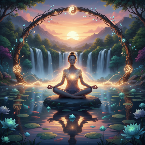 Et billede af en person i meditation i en afbalanceret naturlig omgivelse, der symboliserer helhedsorienteret trivsel og livsglæde.