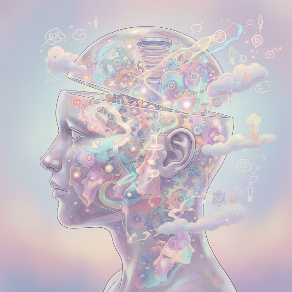 Et surrealistisk billede af et menneskehoved med indre tandhjul og filtre, der behandler abstrakte sociale scenarier og ansigter i en drømmende stemning.