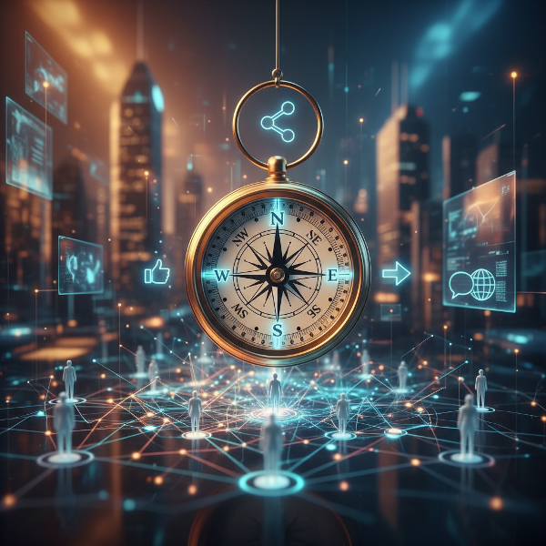 Et billede af et kompas, hvor pilepejlene er erstattet af sociale symboler, der svæver over et netværk af menneskelige forbindelser på en abstrakt baggrund, der repræsenterer det moderne samfund.