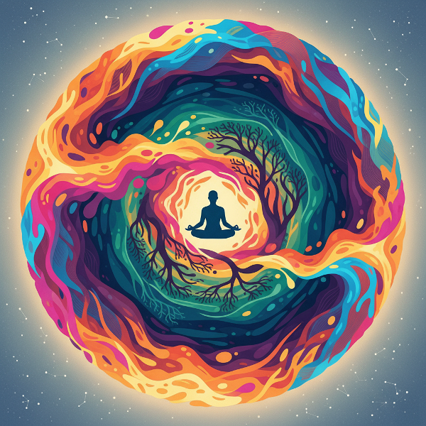 Et abstrakt billede, der viser en person i centrum af energibølger, med farver og mønstre, der symboliserer forskellige sociale energityper.