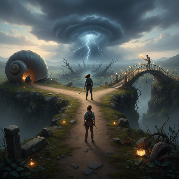 En person står ved et vejkryds med tre forskellige veje, der symboliserer forskellige måder at håndtere stress på: trække sig tilbage, konfrontere eller finde kreative løsninger.