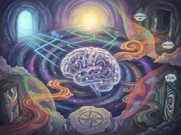 Et surrealistisk billede af en menneskehjerne, der viser synlige tankebaner, logiske forbindelser og følelsesmæssige filtre, hvor nogle veje fører til klar indsigt og andre til kognitive fordomme.