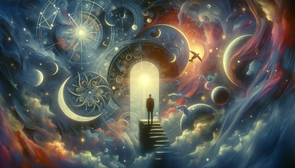 Et symbolsk, drømmelignende billede af en persons indre psyke, hvor arketypiske figurer dukker frem fra skygger og lys, som repræsentation af det kollektive ubevidste.