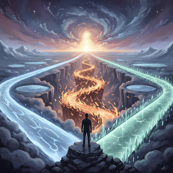 En person står foran tre farvede stier, der symboliserer forskellige relationstyper i et abstrakt, indadvendt landskab.