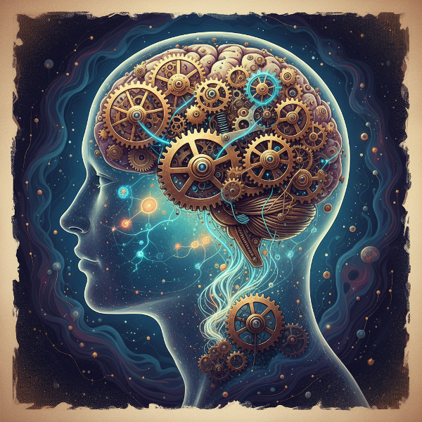 Et surrealistisk billede af en menneskehjerne med synlige tandhjul og glødende nervebaner inde i et gennemsigtigt hoved, der symboliserer ubevidste mentale processer.