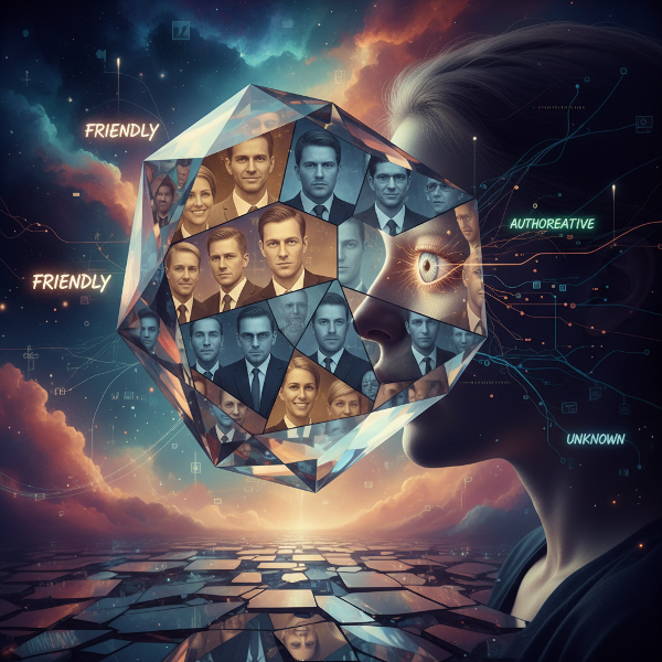 Et surrealistisk billede af en person, der kigger gennem et flerfacetteret krystallins, som forvrænger og kategoriserer forskellige menneskeansigter i baggrunden.