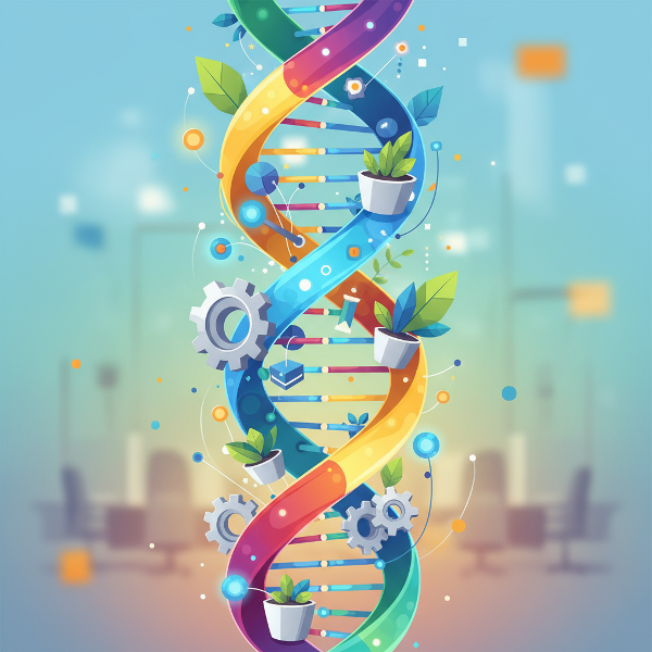 Et abstrakt billede, der forestiller en persons karriere-DNA som en farverig dobbeltspiral, der smelter sammen med kontorelementer for at symbolisere trivsel og potentiale.