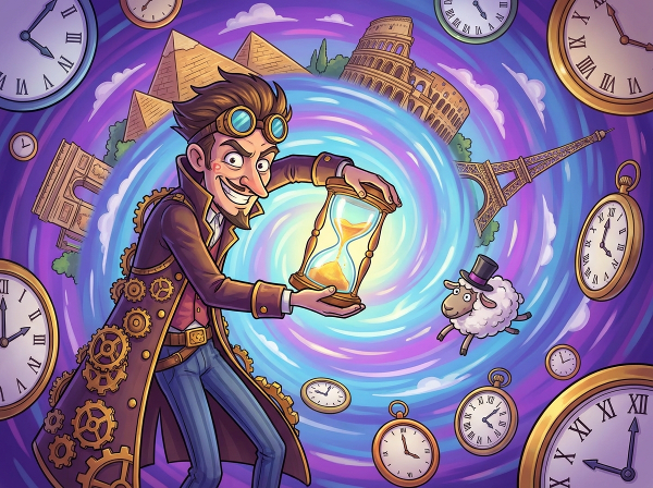 En farverig og humoristisk tegneseriestil af en tidsrejsende, der står i en hvirvlende portal af ure og ikoniske steder fra forskellige tidsperioder.