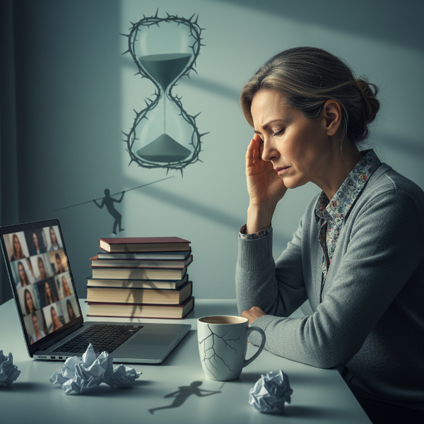 En kvindelig psykolog føler sig overvældet ved starten af sin egen praksis, med psykosomatiske symptomer som hovedpine og nakkestivhed, illustreret gennem visuelle symboler på indre pres.
