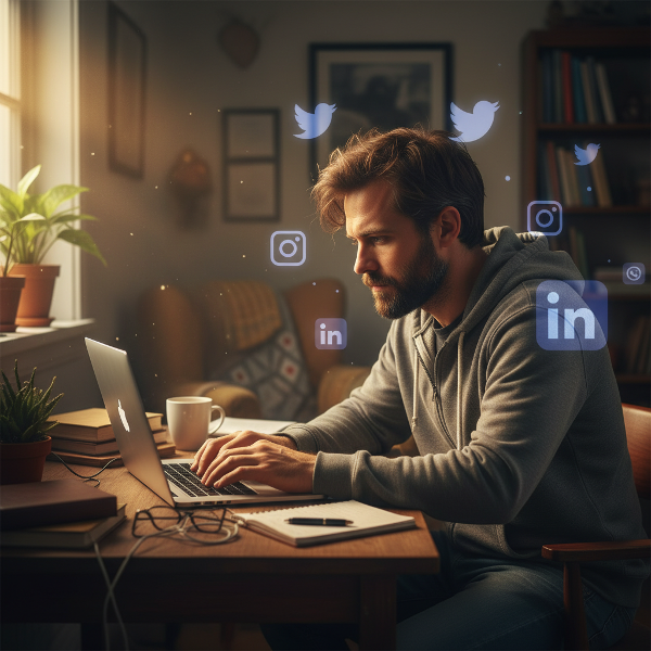 En mand føler sig ensom mens han arbejder hjemme, omgivet af digitale forbindelser der føles tomme, med et glimt af håb i baggrunden.