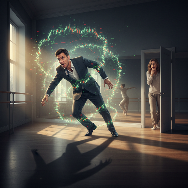 En mand fanget i en spiral af finansielle diagrammer, mens hans skygge når mod en rolig dansehal. Hans bekymrede kone observerer fra døren.