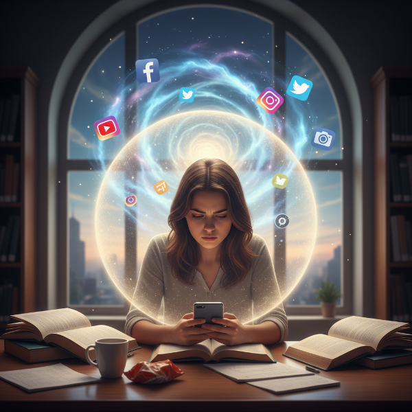 En ung kvinde på universitetet fanget mellem sin telefon og sine studier, med sociale medier som en distraherende skygge, men med et antydet håb om balance.