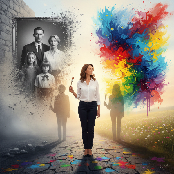 En kvinde står ved et vejkryds mellem sin faste familieidentitet og et farverigt, uudforsket kreativt potientiale, symbolsk for bruddet mellem roller og autenticitet.