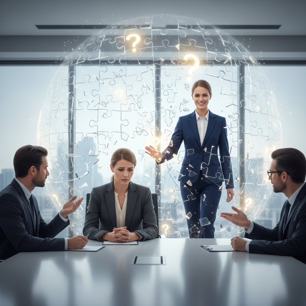 En kvinde i et mødelokale, omgivet af en gennemsigtig mur af tvivl og spørgsmålstegn, mens en sikker version af hende bryder igennem.