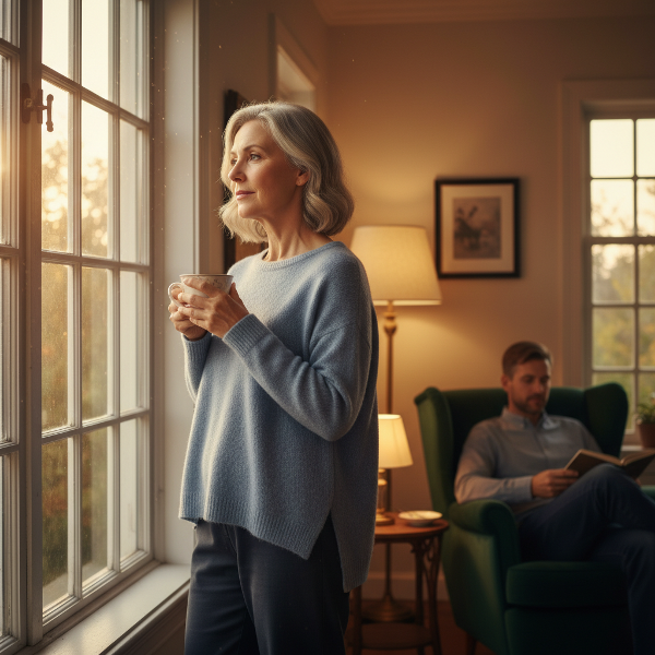 En kvinde i midten af livet står ved et vindue i et roligt hjem, mens hun reflekterer over en ny rolle som omsorgsgiver. Scenen udtrykker en blanding af usikkerhed og spirende indre styrke.