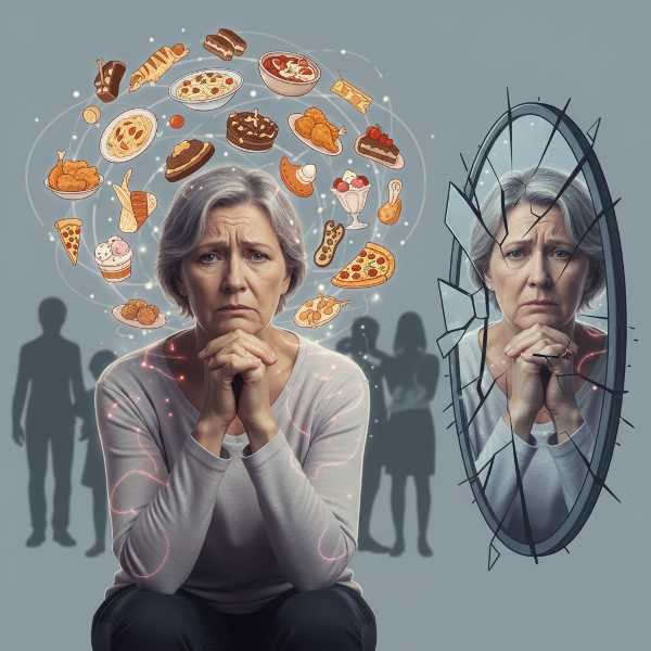 En kvinde omgivet af fristende mad og ubehag i kroppen, med skyggefigurer og et splittet spejlbillede, der symboliserer komplekse psykologiske dynamikker.