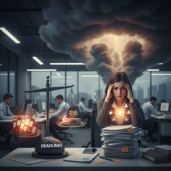 En ung kvinde i et konkurrencepræget kontormiljø, omgivet af visuelle symboler på stress og balance, hvor strategier for selvomsorg skaber lys og ro.
