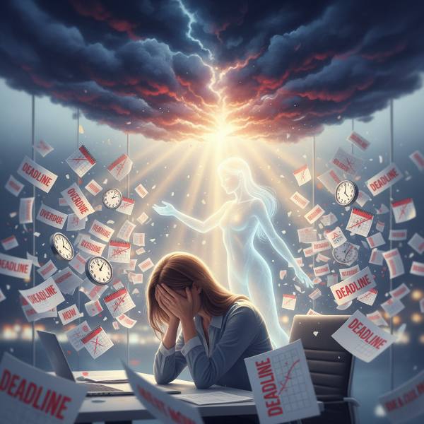 En kvinde i kontormiljø overvældet af kaos og vrede, mens en rolig, lys figur repræsenterer hjælp og indre forandring.