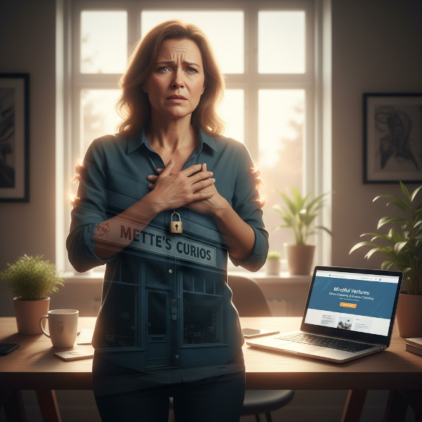 En kvinde oplever panikanfald med fysiske symptomer, mens et gennemsigtigt spøgelsesagtigt billede af hendes lukkede butik vises i hendes bryst. Hun er i et nyt, håbefuldt hjemmekontor, der symboliserer hendes nye iværksættereventyr, og lyset illustrerer spændingen mellem fortid og fremtid.