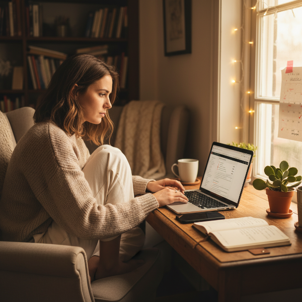 En ung kvinde arbejder på sin selvudvikling i et hyggeligt rum, med fokus på at reducere skærmtid og skabe mening.