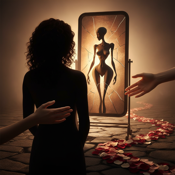 En kvindes silhuet foran et revnet spejl med et forvrænget kropsbillede, mens støttende hænder nærmer sig fra mørket. Bløde farver og en sti af kronblade symboliserer en rejse mod accept.