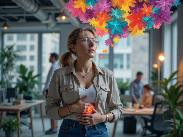 En kvinde i et hektisk kontormiljø oplever stress og overvejer kreativ terapi som en vej til ro, symboliseret af fredfyldte, abstrakte former.