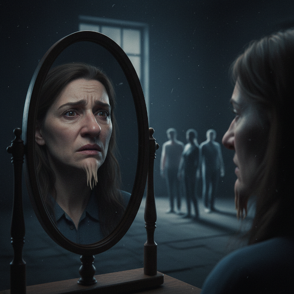En kvinde stirrer på sit forvrængede spejlbillede, hvor kun næse og hage er i fokus, og omgivelserne viser ensomhed og undgåelse af sociale situationer.