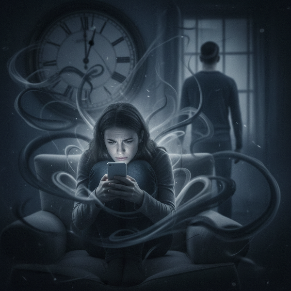 En kvinde kæmper med indtrængende tanker om utroskab, omgivet af en atmosfære af angst og usikkerhed.