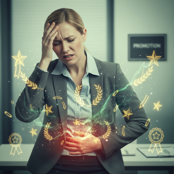 En kvinde, der oplever svimmelhed og mavesmerter i positive øjeblikke, omgivet af glitrende anerkendelser, der forvrænges til fysisk ubehag.