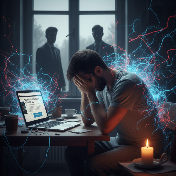 En ung mand føler sig overvældet af angst og økonomisk pres ved sit nye online psykolog-virksomheds-bord, omgivet af kaotiske energilinjer og familiens skyggefulde forventninger, mens en lille stødig flamme symboliserer håb.