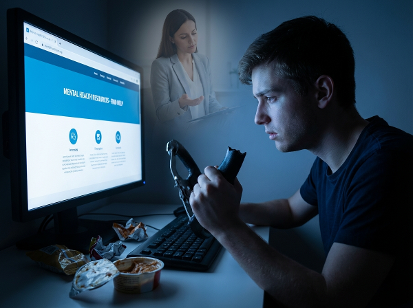 En ung mand ved sin computer med et psykologwebsted, omgivet af symboler på traumer og spisevaner, mens en professionel figur viser vejen frem.