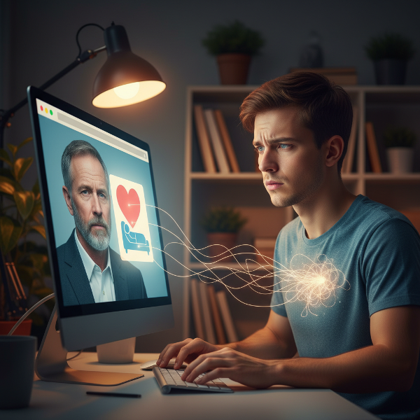 En ung mand sidder foran en computer, hvor grænserne mellem professionel hjælperrolle og personlige følelser visuelt blandes og forvikles.