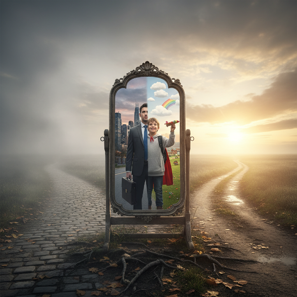 En ung mand ved et vejkryds, der betragter et spejl, der viser hans arbejdsjeg og hans indre barn, med en sti ind i tåge og en mod solopgang.