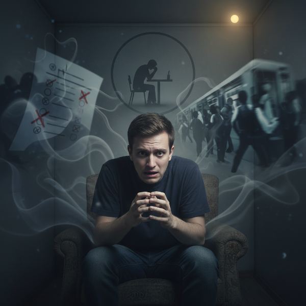 En ung mand overvældet af angst, omgivet af skyggeagtige symboler på hans frygt, med et svagt håb i baggrunden.