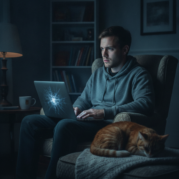 En ung mand sidder alene i et svagt oplyst rum, ser tankefuld og bekymret ud, med en bærbar computer og en sovende kat.