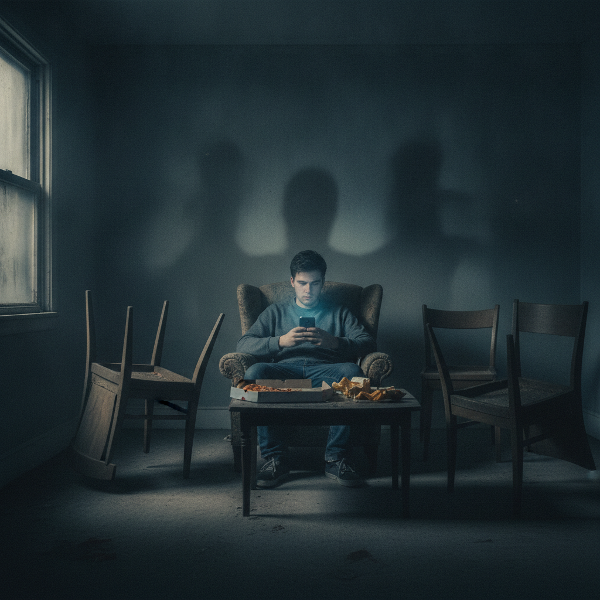 En ung mand sidder alene i et svagt oplyst rum og stirrer tomt på en mobiltelefon, omgivet af skygger og tomme stole, der symboliserer isolation og apati.