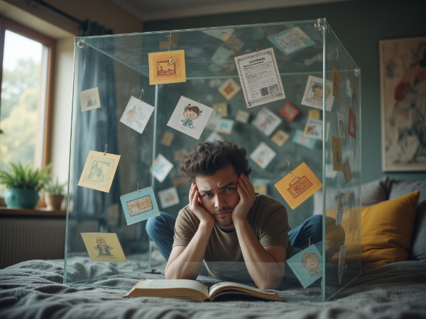 En ung mand føler sig fanget i en gennemsigtig terning derhjemme, omgivet af symboler på jobsøgning og familietryk, mens omverdenen udenfor ser rolig ud.